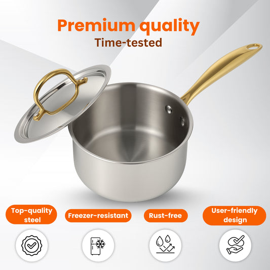 Triply Sauce Pan with Lid | PVD Gold Handles
