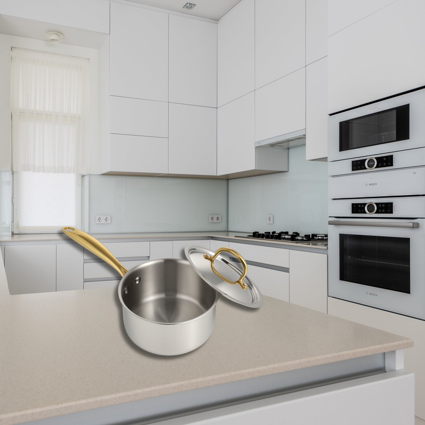 Triply Sauce Pan with Lid | PVD Gold Handles