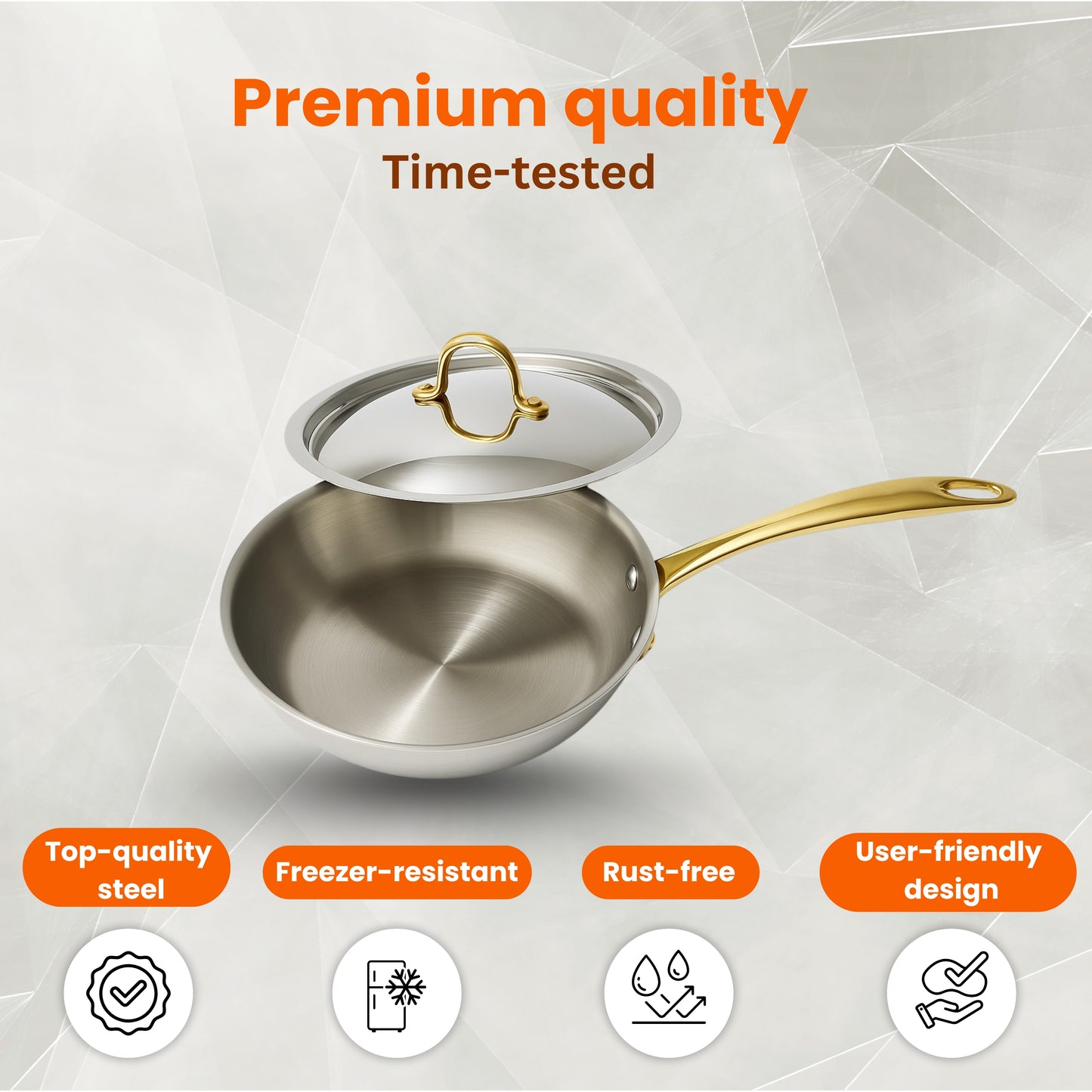 Triply Fry Pan with Lid | PVD Gold Handles