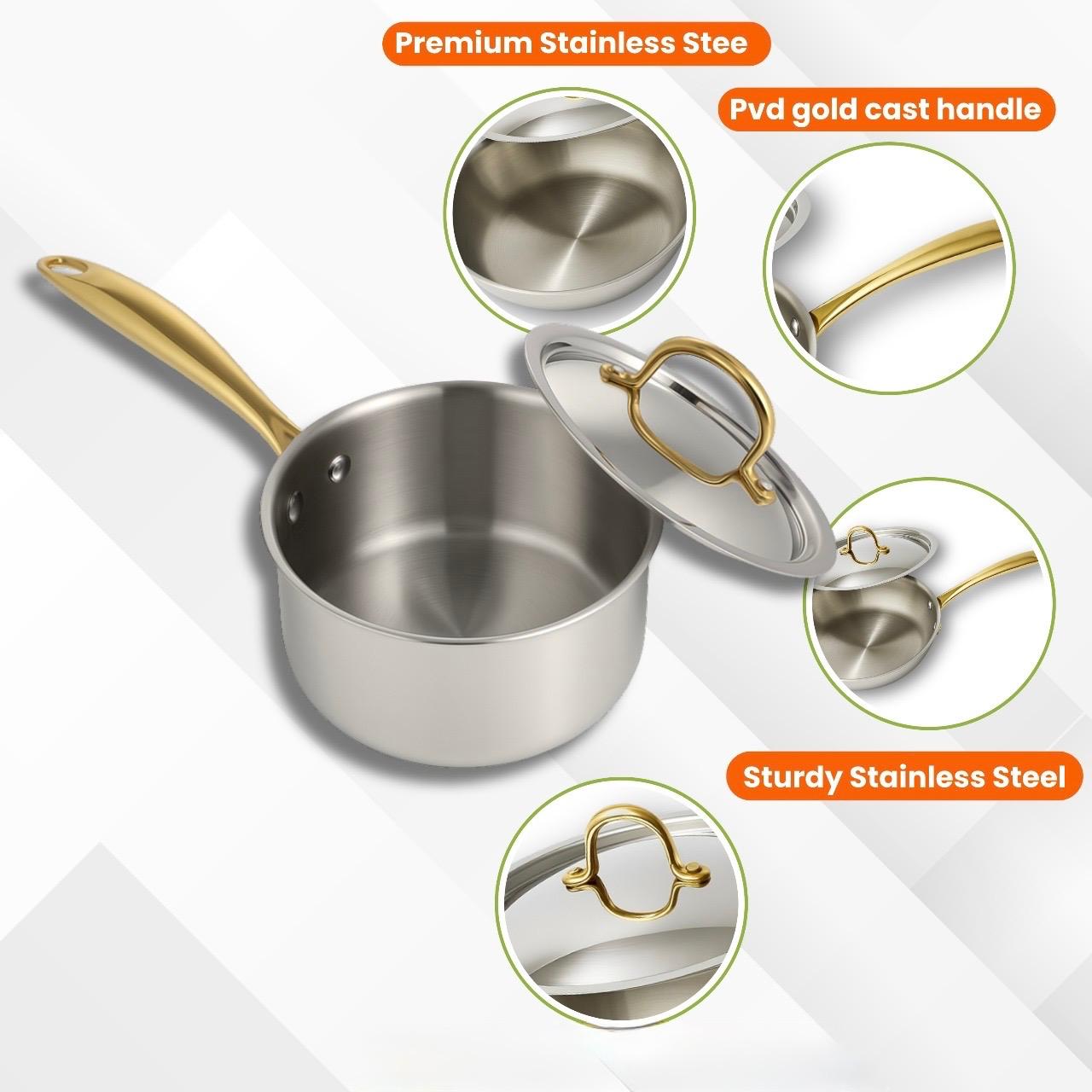 Triply Sauce Pan with Lid | PVD Gold Handles