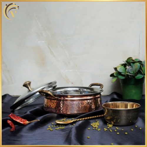 Steel Copper Handi With Glass Lid And Brass Handle