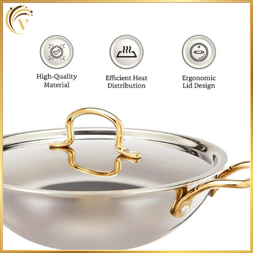 Deep Kadhai with Lid | PVD Gold Handles