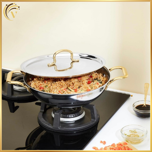 Deep Kadhai with Lid | PVD Gold Handles