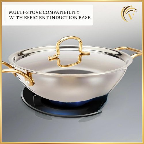 Deep Kadhai with Lid | PVD Gold Handles