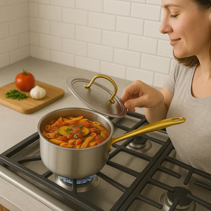 Triply Sauce Pan with Lid | PVD Gold Handles