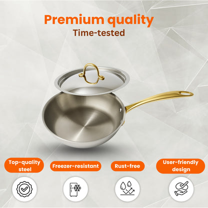Triply Fry Pan with Lid | PVD Gold Handles