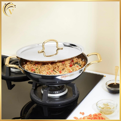 Deep Kadhai with Lid | PVD Gold Handles